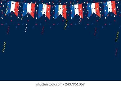 French flag bunting Eiffel background for Bastille Day. Tricolour blue white red backdrop design vector illustration 