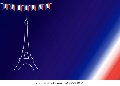 French flag bunting Eiffel background for Bastille Day. Tricolour blue white red backdrop design vector illustration 