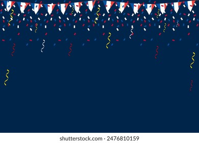 French flag bunting Eiffel background for Bastille Day. Tricolour blue white red backdrop design vector illustration 