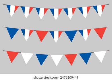 French flag bunting set isolated elements. Vector illustration for decoration Bastille day. 