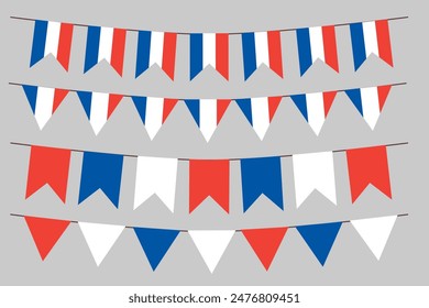 French flag bunting set isolated elements. Vector illustration for decoration Bastille day. 