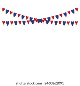 French flag buntings garlands on white background. Hearts garland for outdoor party, decoration, vector illustration
