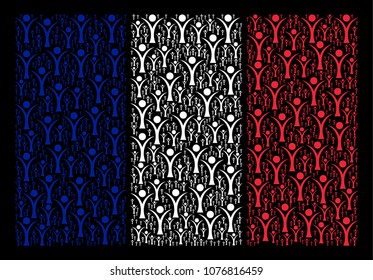 French Flag composition made of abstract man elements. Vector abstract man objects are organized into mosaic France flag composition on a black background.