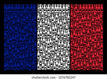 French Flag concept created of wine bottle design elements. Vector wine bottle items are composed into conceptual French flag composition on a black background.