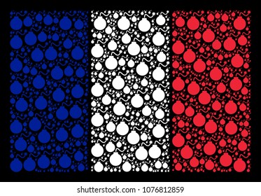 French Flag concept made of bomb design elements. Vector bomb pictograms are united into mosaic French flag pattern on a black background.