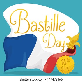 French flag with "fleur-de-lis" in the top of the flagpole and greeting Sign with golden text for Bastille Day in July 14.