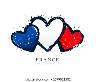 French flag in the form of three hearts. Vector illustration on white background. Brush strokes drawn by hand. Independence Day. Bastille Day.
