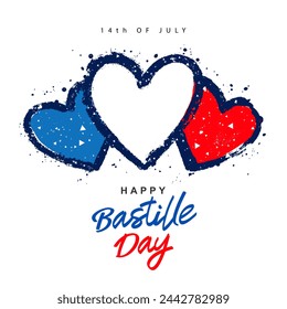 French flag in the form of three hearts in blue, white and red. July 14th. Happy Bastille Day. Vector illustration on a white background.
