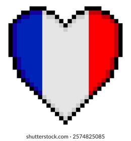 French flag with heart shape in pixel art style