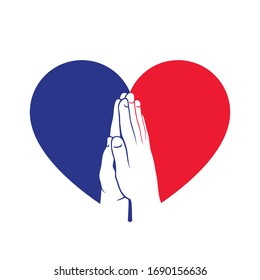 French flag in a heart shape with praying hands - vector illustration sign