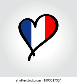 French flag heart-shaped hand drawn logo. Vector illustration.