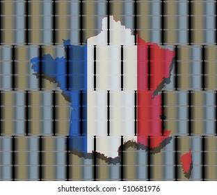 French flag map on oil barrels. Commercial oil storage energy concept. 