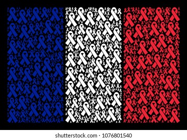 French Flag mosaic done of mourning ribbon pictograms. Vector mourning ribbon design elements are composed into geometric France flag pattern on a black background.