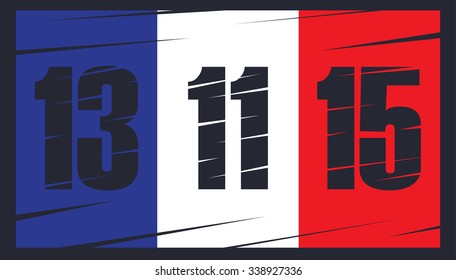 French flag on dark background. Date 13 11 15. The day of terrorist attack in Paris.