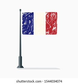 French flag on flagpole with scratches, vector flag of France.