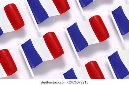 French flag pattern background white soft color. Realistic cartoon 3d style. Flag fabric effect texture flat top view. Vector illustration