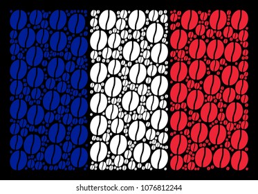 French Flag pattern combined of coffee bean elements. Vector coffee bean elements are combined into mosaic French flag collage on a black background.
