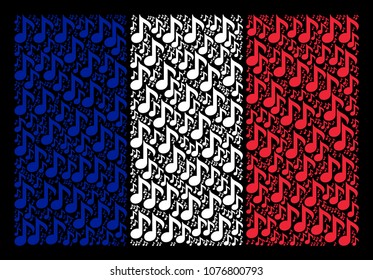French Flag pattern designed of musical note design elements. Vector musical note pictograms are united into geometric France flag pattern on a black background.