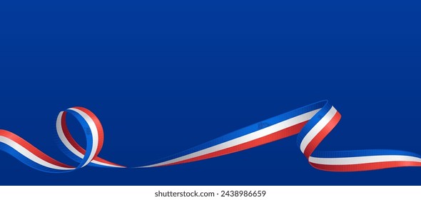 French flag ribbon. Curly ribbon on blue background. Vector illustration.