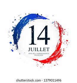 French flag in the shape of a circle. July 14 - French Independence Day. Vector illustration on white background. Brush strokes drawn by hand. Flag of France.
