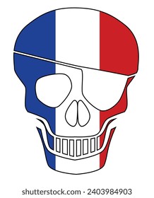 French flag skull silhouette with eye patch set with the flag colors and icon