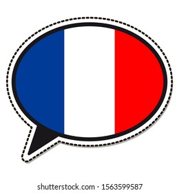 Etiqueta de la bandera francesa sobre fondo blanco. Señal vectorial vintage. Elemento de diseño de plantilla. Signo de viaje. Símbolo del Día de la Independencia, juego deportivo de recuerdo, lenguaje de botón, icono.