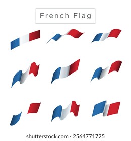 French flag vector pack set with waving style. For design elements with the concept of celebrating the French big day, July 14th. Bastille Day, or other events