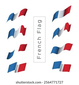 French flag vector pack set with waving style. For design elements with the concept of celebrating the French big day, July 14th. Bastille Day, or other events