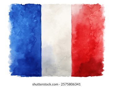 French flag watercolor design, vibrant blue, white, and red colors, artistic background, patriotic symbol.