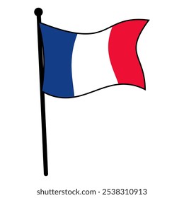 French Flag Waving on Flagpole, Flat Icon Design, Isolated on White Background, Editable Vector EPS, Perfect for Graphic Design and Printing Needs