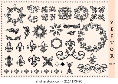 French fleur de lis collection of icons in stylised linocut block print style. Monochrome isolated hand drawn rustic motif set. Sketched modern heraldry black boho decor design.