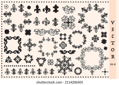 French fleur de lis collection of icons in stylised linocut block print style. Monochrome isolated hand drawn rustic motif set. Sketched modern heraldry black boho decor design.
