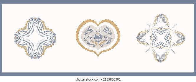 French floral motif set. Tonal farmhouse cottage style. Simple vintage rustic fabric textile effect. Primitive modern shabby chic kitchen cloth design group. 