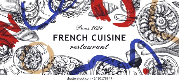 French food background in collage style. European cuisine restaurant menu design template. Hand-drawn vector illustration, sketch, NOT AI generated