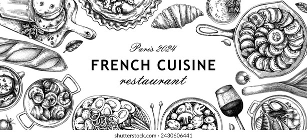 French food background. European cuisine restaurant menu design. Vinatge template sketch style. Hand-drawn vector illustration, NOT AI generated