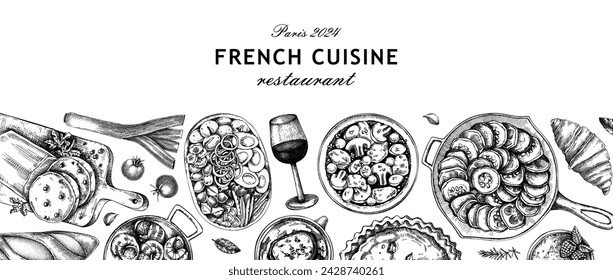 French food background. Traditional food from France sketches. European cuisine restaurant menu design template. Hand-drawn vector illustration, NOT AI generated