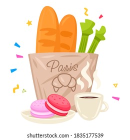 french food baguettes coffee pastries eiffel tower croissant vector