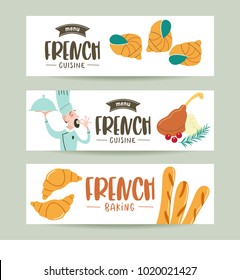 French food, bakery. A set of French dishes. Banner templates, icons. Cheerful chef with a dish makes a gesture with his hands to indicate that this delicious dish.