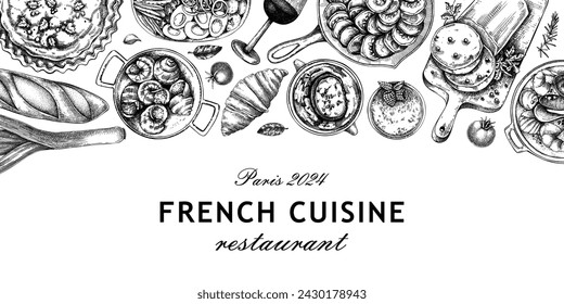 French food banner design. Vintage food and wine sketches. European cuisine restaurant menu template. France background. Hand-drawn vector illustration, NOT AI generated