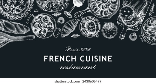 French food banner design. Vintage food and wine sketches on chalkboard. European cuisine restaurant menu template. France background. Hand-drawn vector illustration, NOT AI generated