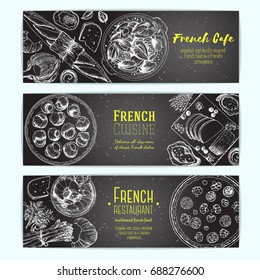 French food design template. Horizontal banners set. Vector illustration with bakery, escargot, mussels, foie gras, quiche lorraine, oysters. French Cuisine restaurant menu. Hand drawn sketch banners.