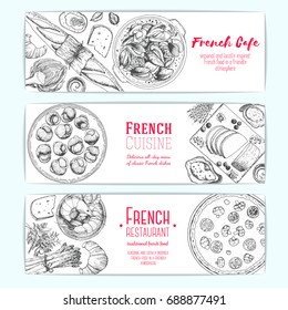 French food design template. Horizontal banners set. Vector illustration with bakery, escargot, mussels, foie gras, quiche lorraine, oysters. French Cuisine restaurant menu. Hand drawn sketch banners.