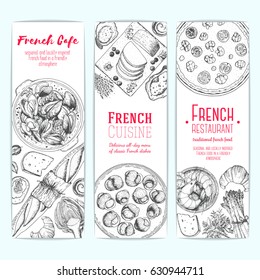 French food design template. Vertical banners set. Vector illustration with bakery, escargot, mussels, foie gras, quiche lorraine, oysters. French Cuisine restaurant menu. Hand drawn sketch banners.