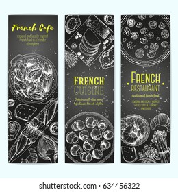 French food design template. Vertical banners set. Vector illustration with bakery, escargot, mussels, foie gras, quiche lorraine, oysters. French Cuisine restaurant menu. Hand drawn sketch banners.