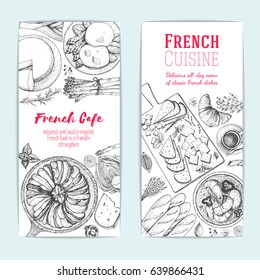 French food design template. Vertical flyers set. Vector illustration with poached eggs, bakery, cheese, ratatouille. French Cuisine restaurant menu. Hand drawn sketch vector banners.