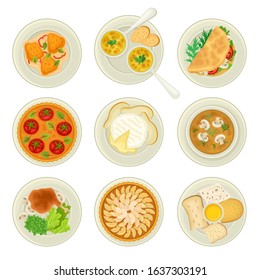 French Food and Dishes Served on Plates Top View Vector Set