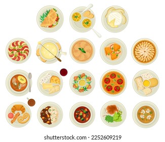 French Food Dishes Served on Plates for Restaurant Menu Top View Big Vector Set