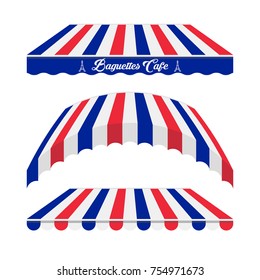 French Food and Drink Awning Tent Vector Set. Roof Canopy. Different Forms. Baguette Shop. National Blue, White and Red Colors of the French Flag. French Cafe, Bakery, Market Store Design Elements.