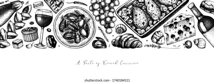 French food and drinks design. Wine, meat dishes, desserts, baking and snacks illustrations. Hand drawn delicacy food and beverages sketches. French cuisine restaurant menu template.