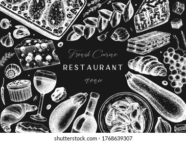 French food and drinks frame on chalkboard. Engraved meat dishes, snacks, pastries, desserts, beverages sketches. French cuisine food  template. Restaurant, bakery, delivery, store vintage menu design